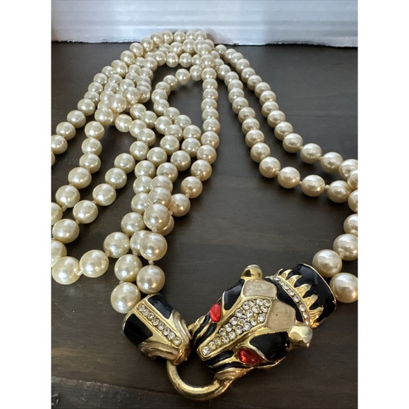The Unbranded Brand Jewelry - Vintage Enamel Panther Necklace Faux Pearl Double Strand Rhinestone